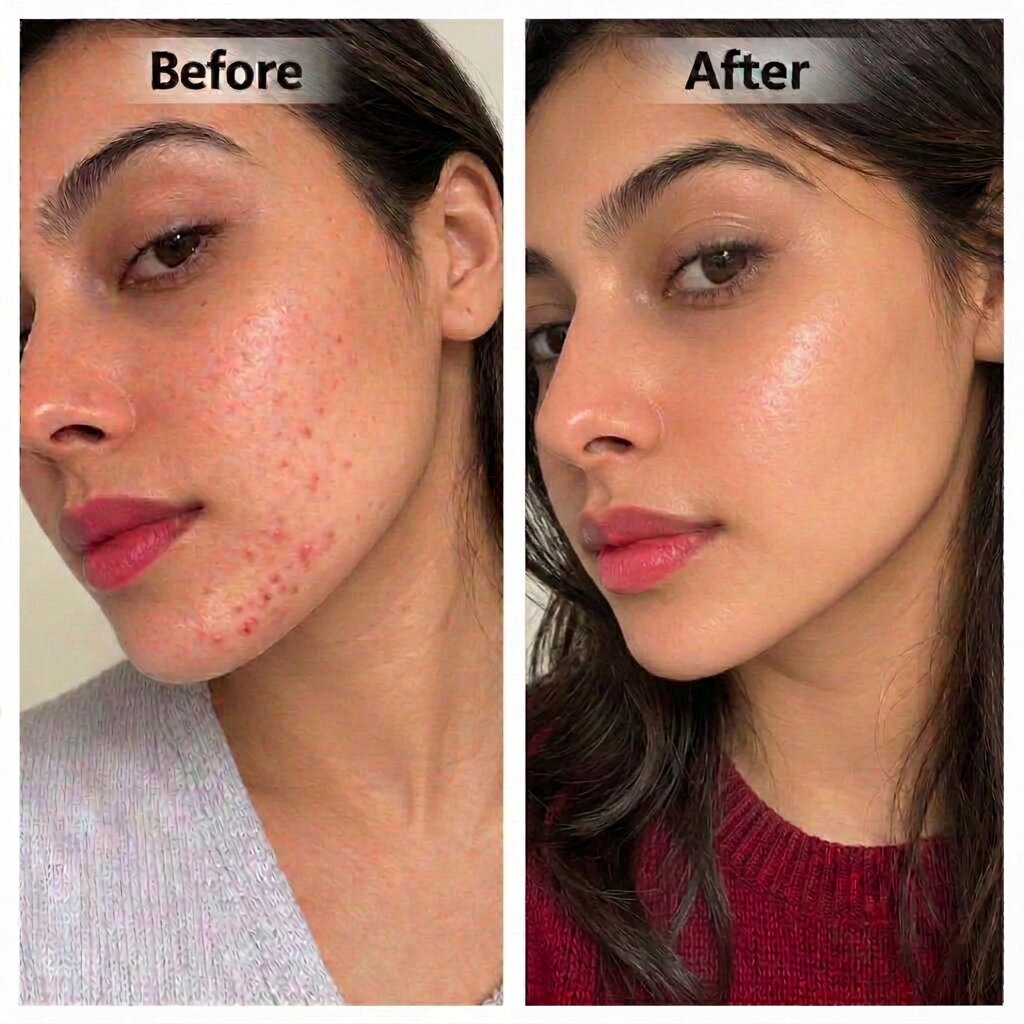 Customer before and after eight weeks of using the Anti Acne Kit — Cleanser, Serum and Cream