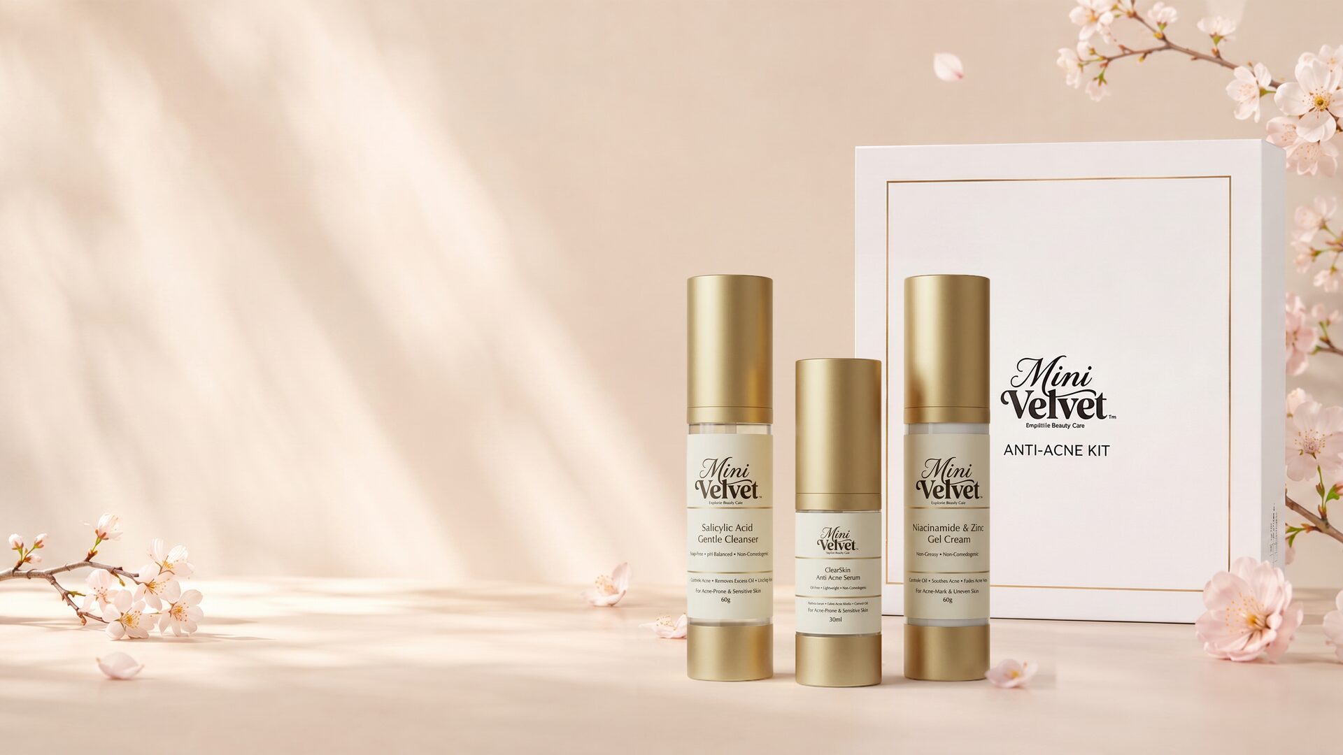 The Anti Acne Kit — Cleanser, Serum and Cream, photographed with cherry blossoms on a cream backdrop